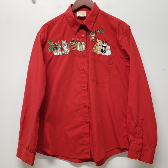 Vintage Tia Button Up LS Shirt Large Red Cat Embroidered Holiday Festive Cotton - Picture 1 of 12